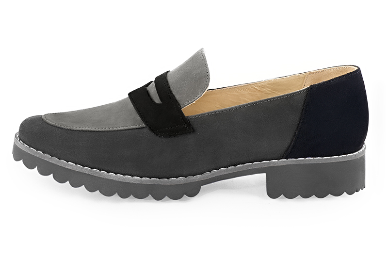Dark grey and matt black women's casual loafers. Round toe. Flat rubber soles. Profile view - Florence KOOIJMAN